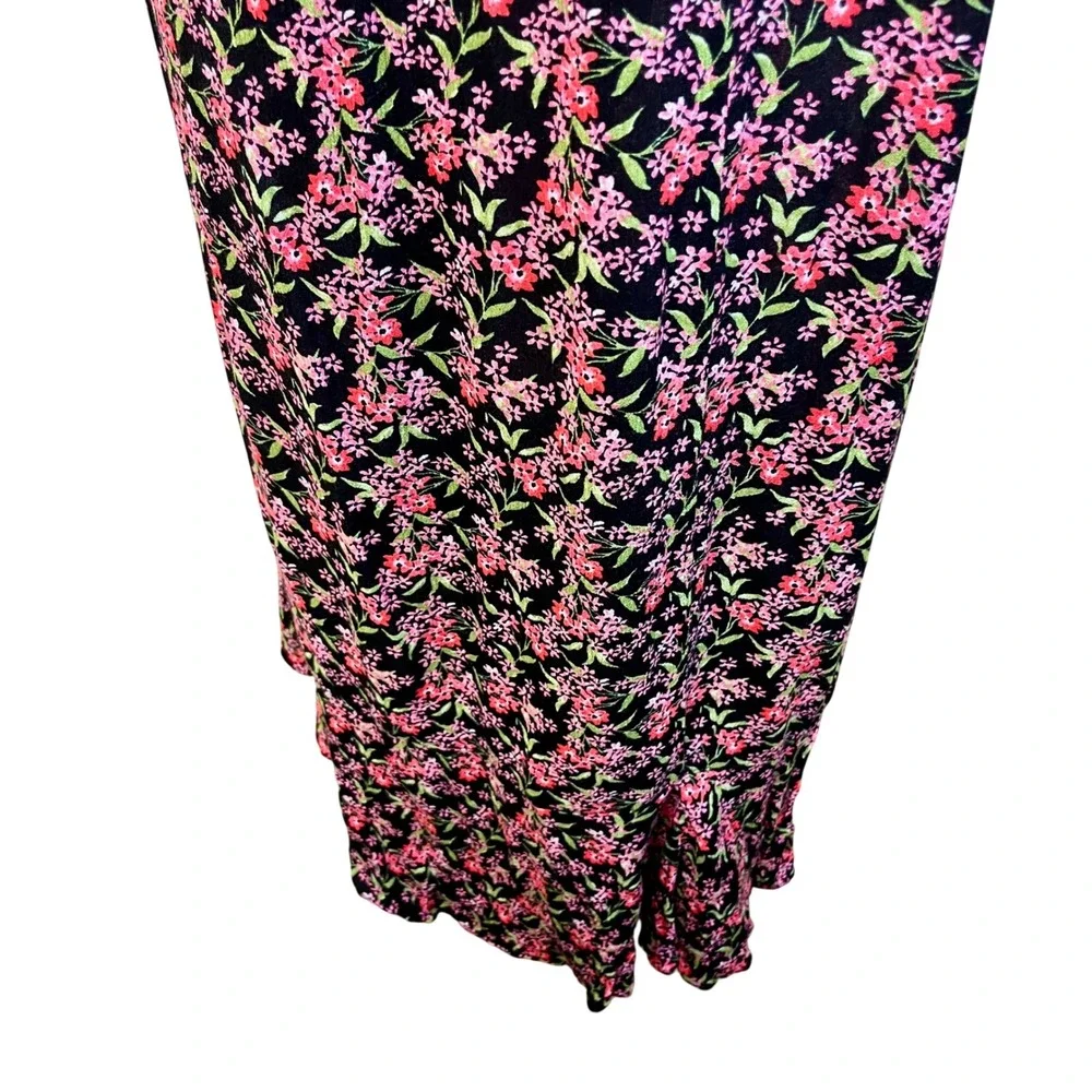 Vintage MARONIE Black Pink Floral Wrap Maxi Skirt Cottage Coquette Romantic‎ Y2K
